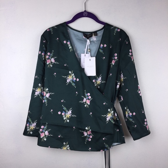 NWT Ted Baker Green Floral Flourish Wrap Top - Picture 2 of 11